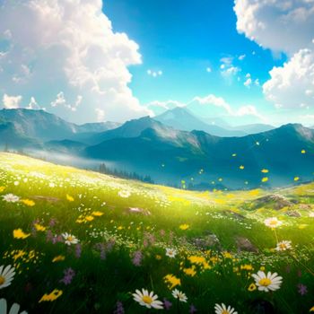 Chamomile field in the mountains. High quality illustration