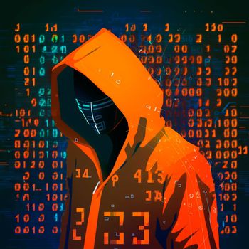 Hacker in an orange hood. Genius of the computer world. Numbers and Matrix. High quality illustration