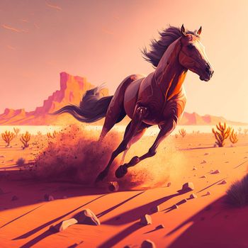 The horse runs through the desert, kicking up the sand. High quality illustration