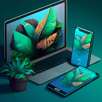 nature breaks out of the phone, tablet, laptop. Design, graphics. Image on tablet and phone side by side, graphics, graphic design. High quality illustration