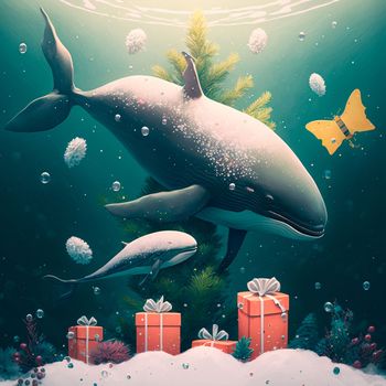 Christmas whales with gifts. High quality illustration