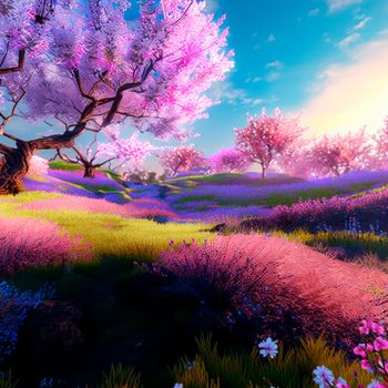 illustration of a fantasy spring world with bright sun and cherry blossoms. High quality illustration