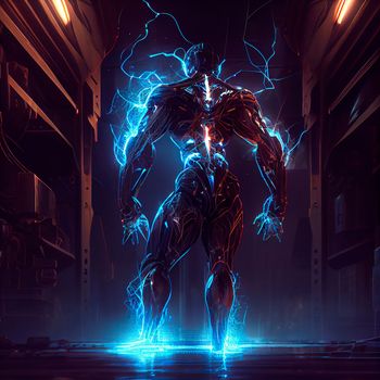 Modernized cyborg. Man in a robotic exoskeleton. New weapon. High quality illustration