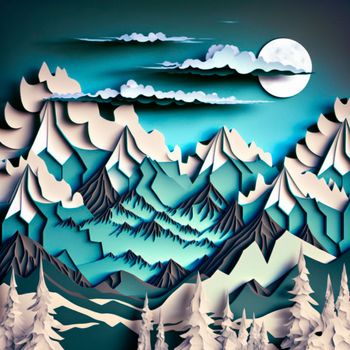 multi-layered crafts made of paper. Mountains, trees, forest and clouds. High quality illustration