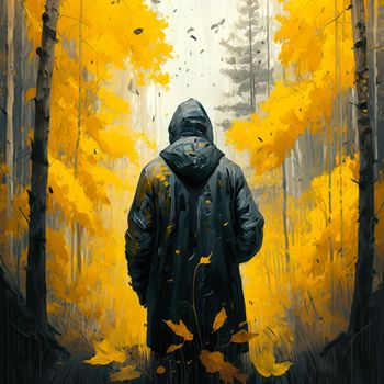 A man in a black hoodie on the background of an autumn forest. High quality illustration
