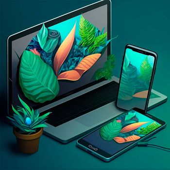 nature breaks out of the phone, tablet, laptop. Design, graphics. Image on tablet and phone side by side, graphics, graphic design. High quality illustration