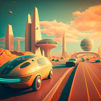 Futuristic city in retro style. Cars are driving on the highway. High quality illustration