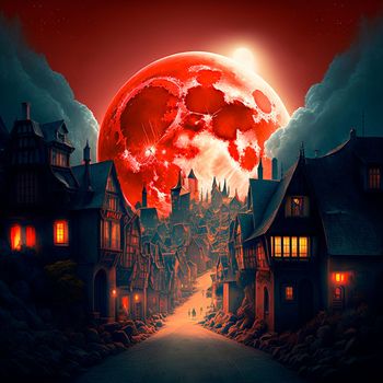A cartoon image of a fantasy town against the background of a huge red moon. High quality photo