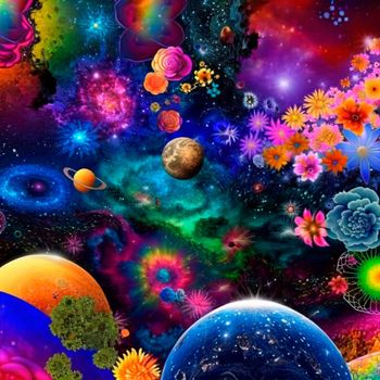 space background with different elements of rainbow colors. High quality illustration