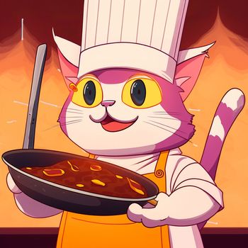 Cartoon image of a cook's cat in a chef's hat, who cooks something in the kitchen, cartoon. High quality illustration