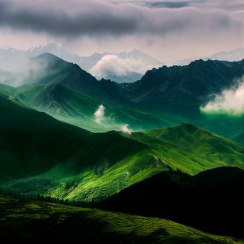 Green mountain range. Landscape of misty mountains. High quality illustration