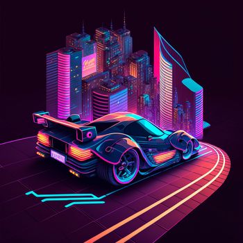 Neon racing car of the future rushes along the roads of the night city. Backlight, neon, isometry. High quality illustration