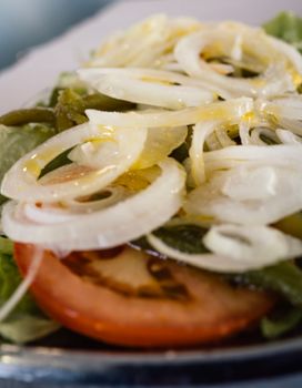 Close up of fresh salad with lettuce , onion , tomato and oil.