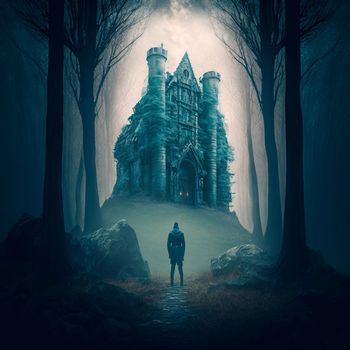 A man walks to the ruins of an ancient castle. High quality illustration