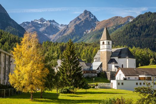Idyllic landscape of Scuol Tarasp village at sunrise, Engadine, Swiss Alps, Switzerland