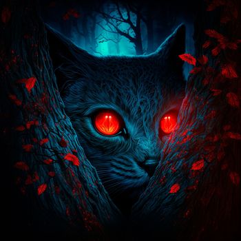 A cat with red eyes in a dark forest. High quality illustration