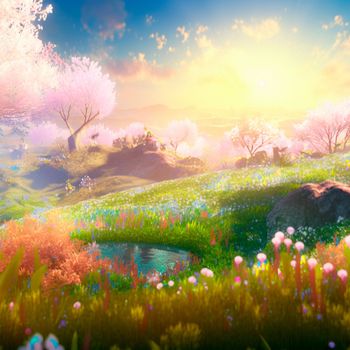 illustration of a fantasy spring world with bright sun and cherry blossoms. High quality illustration