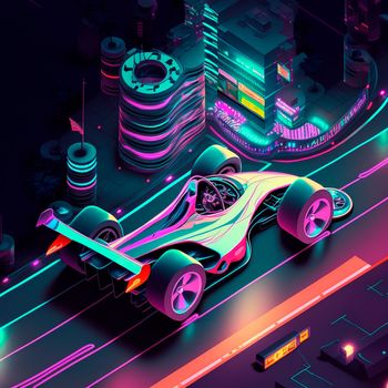 Neon racing car of the future rushes along the roads of the night city. Backlight, neon, isometry. High quality illustration