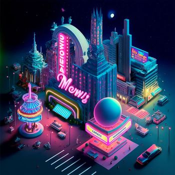 Life in the neon city at night. Bright lights, cars, cafes. Backlight, neon, isometry. High quality illustration