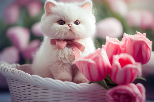 cute white cat in a wicker basket on a background of red tulips in 3k