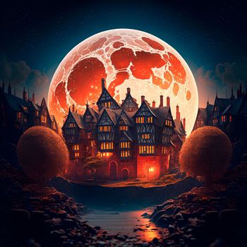 A cartoon image of a fantasy town against the background of a huge red moon. High quality photo