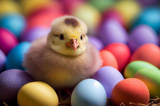 Cute yellow chick near easter eggs in 6k