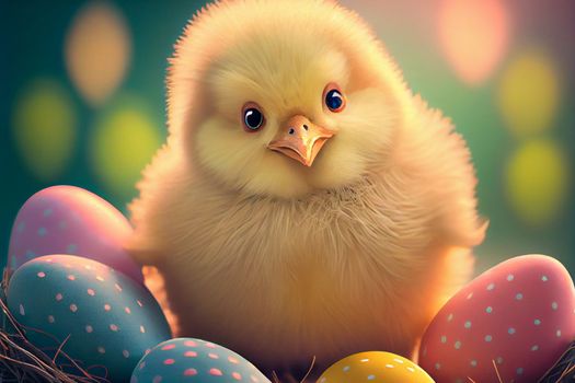 Cute yellow chick near easter eggs in 6k