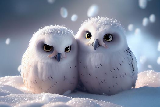 Two cute owlets couple sitting next to each other in 6k