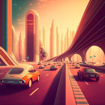 Futuristic city in retro style. Cars are driving on the highway. High quality illustration