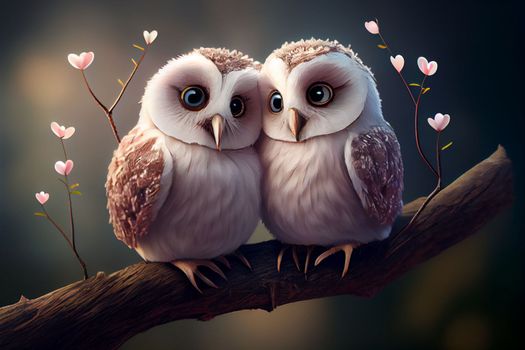 Two cute owlets couple sitting next to each other in 6k