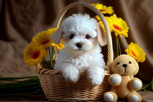 cute white dog in a wicker basket with yellow flowers in 6k