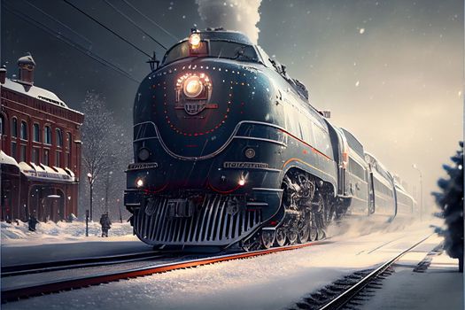 polar express train rides through the snowy city along residential buildings in 6k