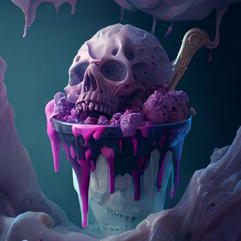 Melting ice cream in the form of a skull with a golden spoon in 5k