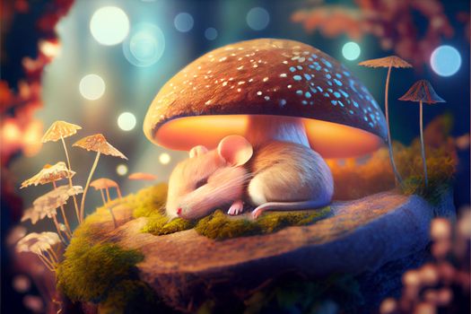 A cute little mouse sleeps in the forest under a mushroom glowing from the inside in 3k