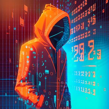 Hacker in an orange hood. Genius of the computer world. Numbers and Matrix. High quality illustration