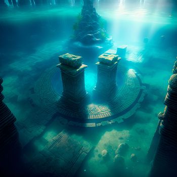 Underwater lost city. Atlantis and its ruins. High quality illustration