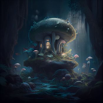 Fantasy forest with houses in the form of a mushroom in 5k