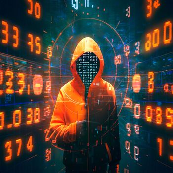 Hacker in an orange hood. Genius of the computer world. Numbers and Matrix. High quality illustration