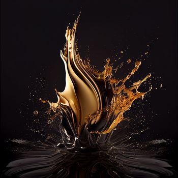 Black gold splashes on black background in 5k