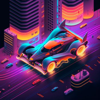 Neon racing car of the future rushes along the roads of the night city. Backlight, neon, isometry. High quality illustration