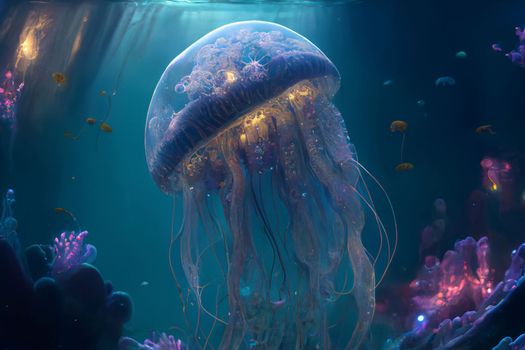 Beautiful neon jellyfish in the underwater world with inner glow in 6k