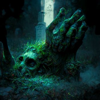 Zombie hand fused to the head and covered with moss sticking out of the ground in 5k