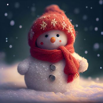 Cute snowman in a red hat and scarf on the snow in 5k