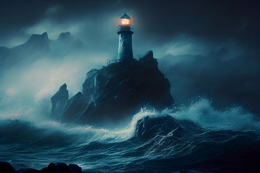 The lighthouse stands on a rock around the storm and the night in 6k