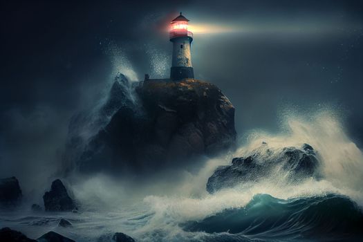 The lighthouse stands on a rock around the storm and the night in 6k