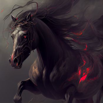 Black burning demonic horse with fiery eyes in 5k