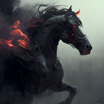 Black burning demonic horse with fiery eyes in 5k