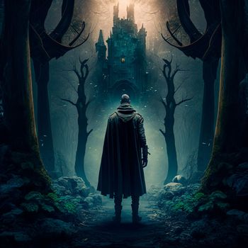 A man walks to the ruins of an ancient castle. High quality illustration