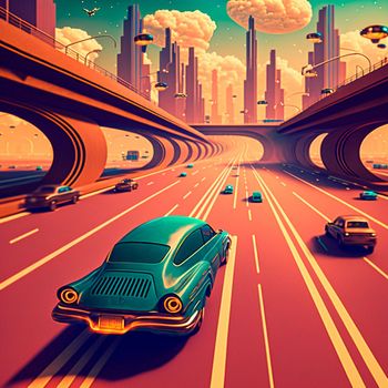 Futuristic city in retro style. Cars are driving on the highway. High quality illustration