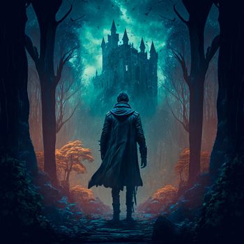 A man walks to the ruins of an ancient castle. High quality illustration